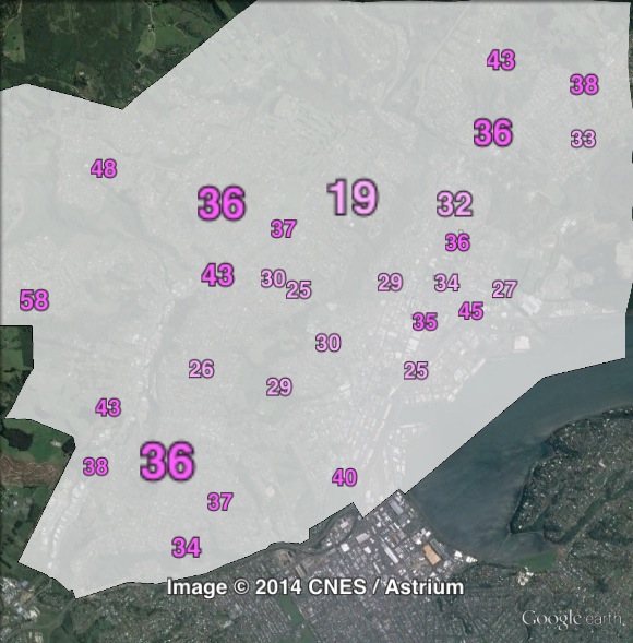 Labour party votes in urban parts of Dunedin North at the 2011 general election.