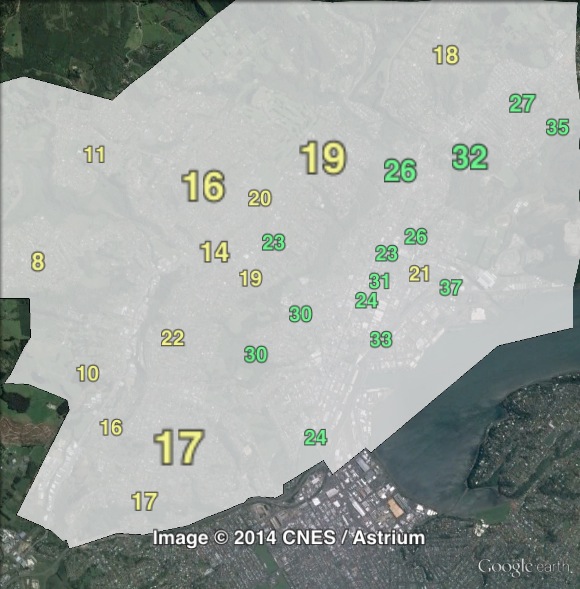 Green party votes in urban parts of Dunedin North at the 2011 general election.