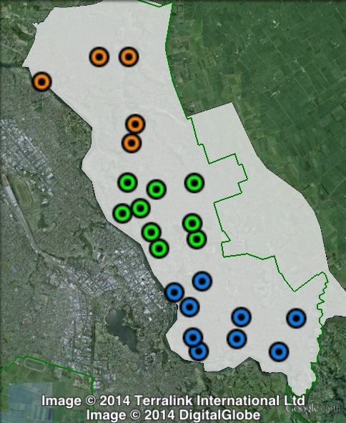 Polling places in Hamilton East at the 2011 general election. Central in green, North in orange, South in blue. Click to enlarge.