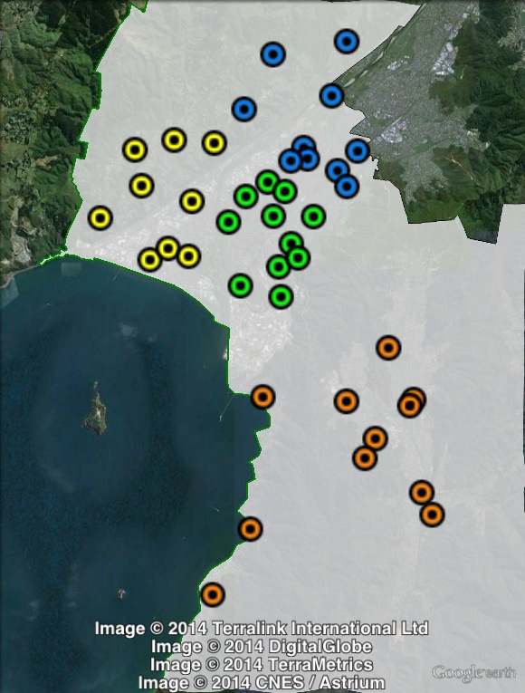 Polling places in Hutt South at the 2011 general election. Central in green, East in yellow, North in blue, South in orange. Click to enlarge.