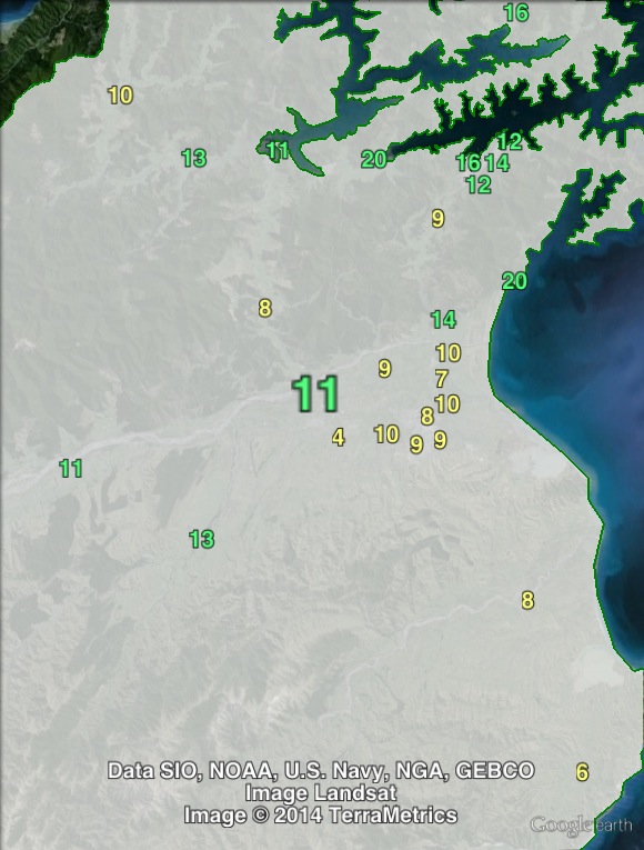 Green party votes in northern Kaikōura at the 2011 general election.