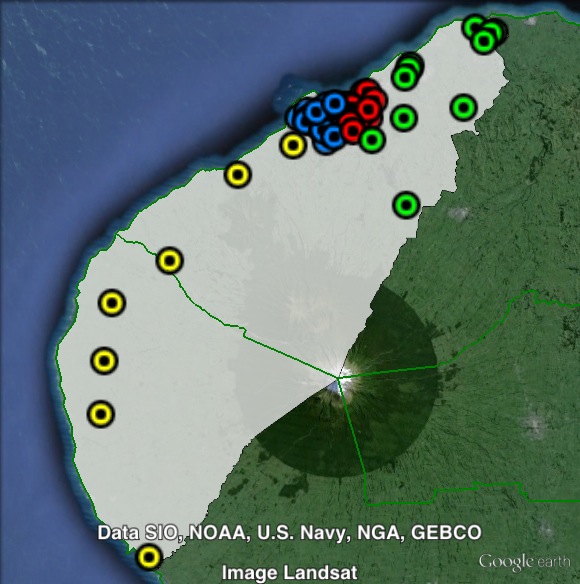 Polling places in New Plymouth at the 2011 general election. East in green, New Plymouth East in red, New Plymouth West in blue, West in yellow. Click to enlarge.