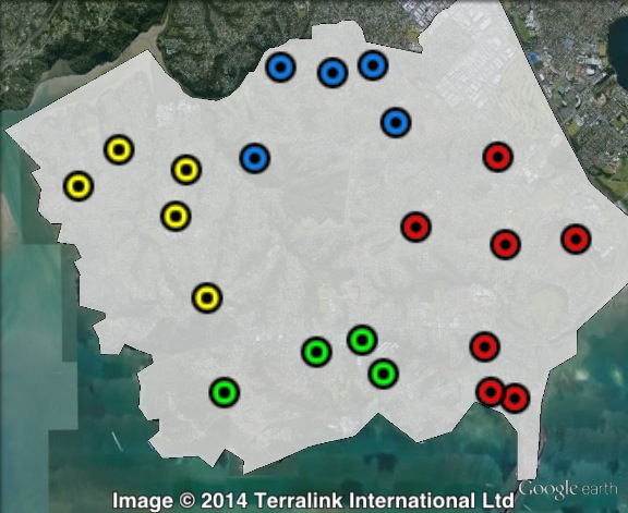 Polling places in Northcote at the 2011 general election. Birkdale in yellow, Birkenhead in green, Glenfield in blue, Northcote in red. Click to enlarge.