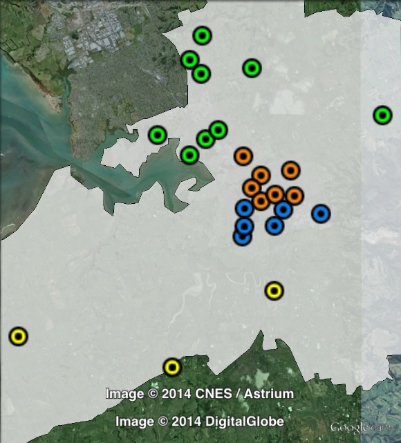 Polling places in Papakura at the 2011 general election. North in green, Papakura North in orange, Papakura South in blue, South in yellow. Click to enlarge.
