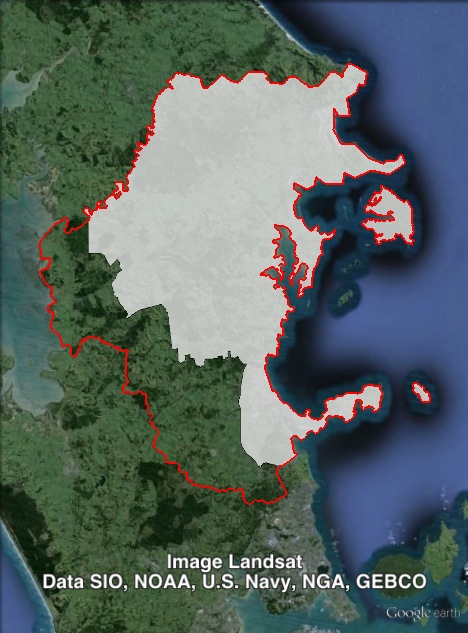 Map of Rodney's 2011 and 2014 boundaries. 2011 boundaries marked as red lines, 2014 boundaries marked as white area. Click to enlarge.