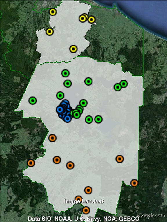 Polling places in Rotorua at the 2011 general election. Central in green, North in yellow, Rotorua in blue, South in orange. Click to enlarge.