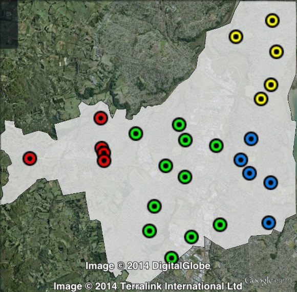 Polling places in Te Atatū at the 2011 general election. Henderson in green, Ranui in red, Te Atatu Peninsula in yellow, Te Atatu South in blue. Click to enlarge.