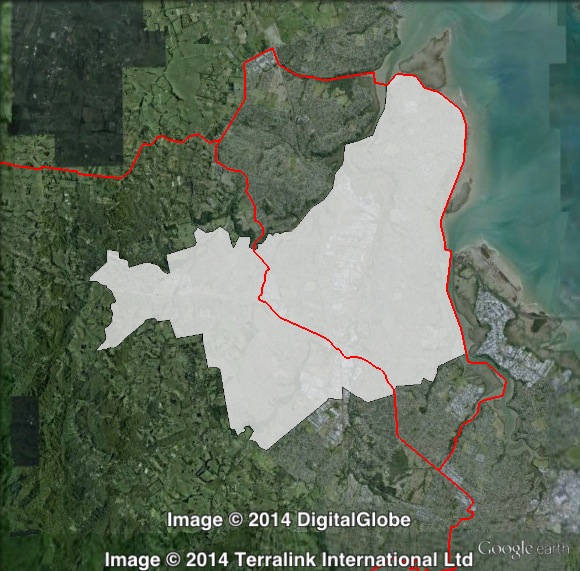Map of Te Atatū's 2011 and 2014 boundaries. 2011 boundaries marked as red lines, 2014 boundaries marked as white area. Click to enlarge.