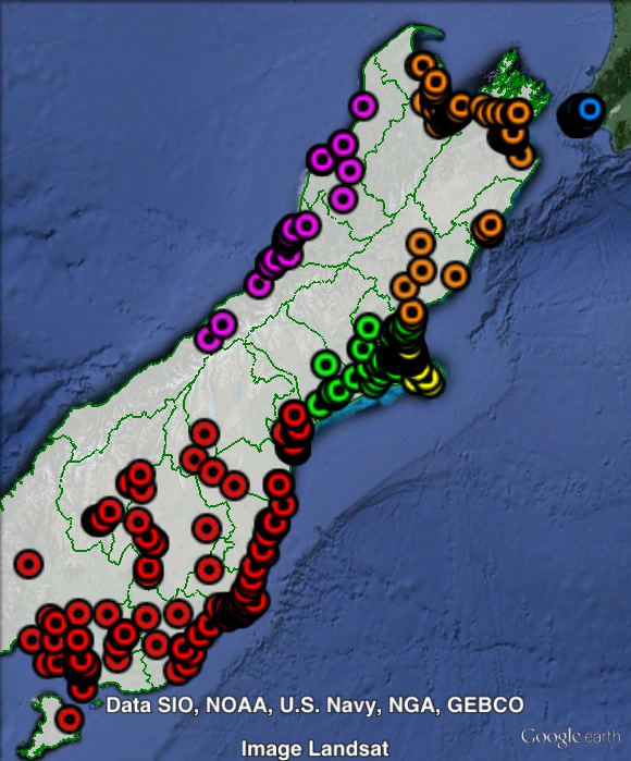 Polling places in Te Tai Tonga at the 2011 general election. Central in green, Christchurch in yellow, North in orange, South in red, Wellington in blue, West Coast in purple. Click to enlarge.
