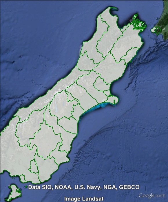 Map of Te Tai Tonga, showing local government boundaries in green. Click to enlarge.