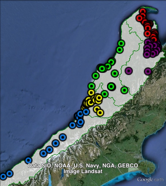 Polling places in West Coast-Tasman at the 2011 general election. Buller in green, Grey in yellow, Tasman North in red, Tasman South in purple, Westland in blue. Click to enlarge.