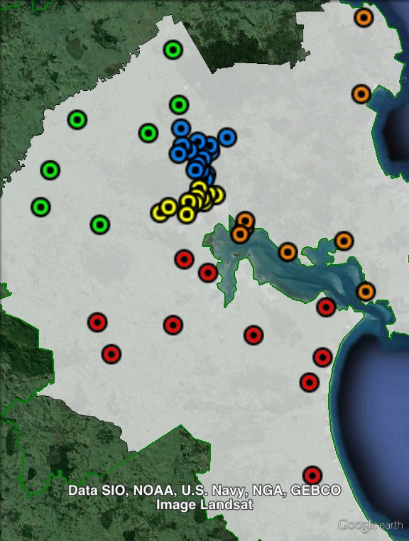 Polling places in Whangarei at the 2011 general election. East in orange, South in red, West in green, Whangarei North in blue, Whangarei South in yellow. Click to enlarge.