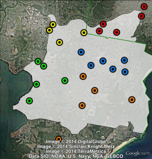 Polling places in Charlestown at the 2011 state electon. Cardiff in yellow, Charlestown in blue, Gateshead in orange, Kotara in red, Warners Bay in green. Click to enlarge.
