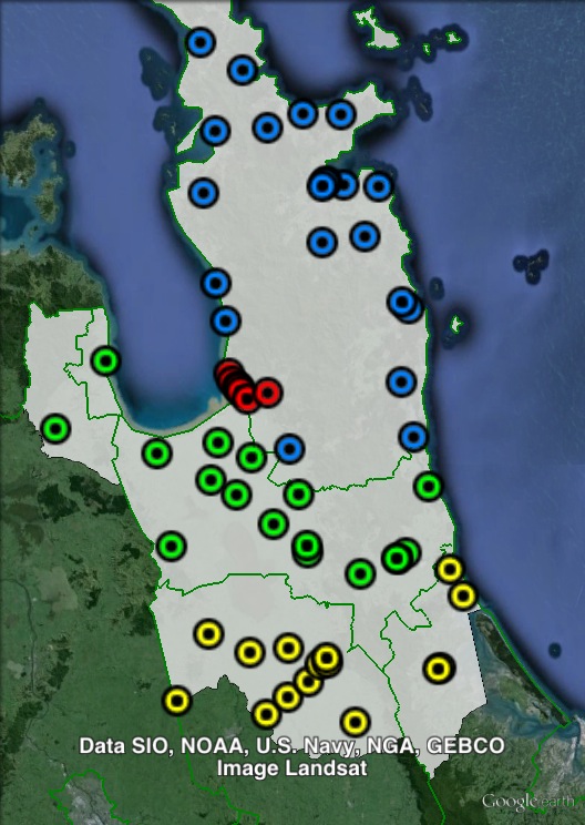 Polling places in Coromandel at the 2011 general election. Central in green, North in blue, South in yellow, Thames in red. Click to enlarge.