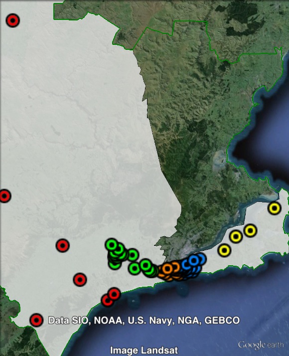 Polling places in Dunedin South at the 2011 general election. Abbotsford-Mosgiel in green, Dunedin East in blue, Dunedin West in orange, Peninsula in yellow, West in red. Click to enlarge.
