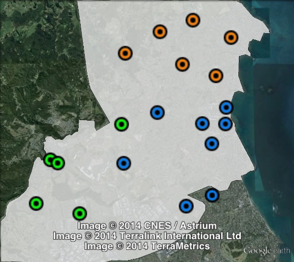 Polling places in East Coast Bays at the 2011 general election. Albany in green, Browns Bay in blue, Torbay in orange. Click to enlarge.