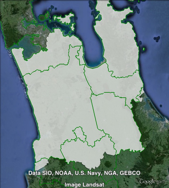 Map of Hauraki-Waikato, showing local government boundaries in green. Click to enlarge.