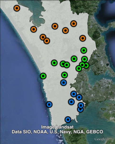Polling places in Helensville at the 2011 general election. Central in green, North in orange, South in blue. Click to enlarge.