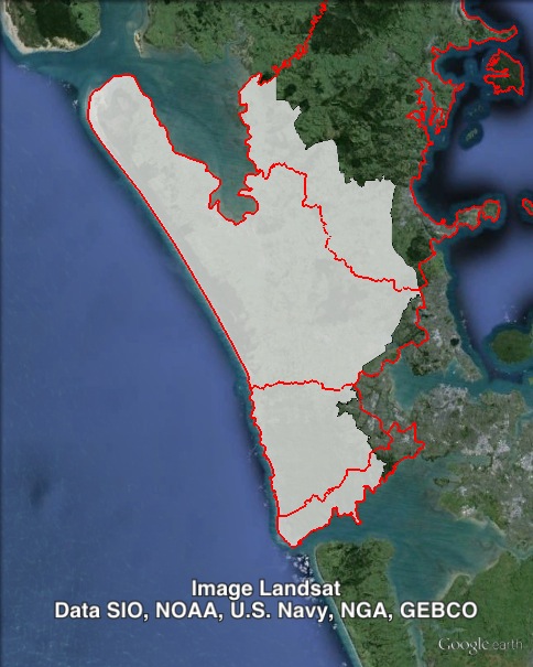 Map of Helensville's 2011 and 2014 boundaries. 2011 boundaries marked as red lines, 2014 boundaries marked as white area. Click to enlarge.