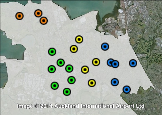 Polling places in Māngere at the 2011 general election. Central in yellow, East in blue, North in orange, West in green. Click to enlarge.