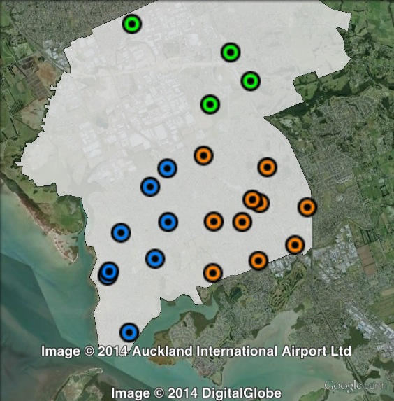 Polling places in Manurewa at the 2011 general election. East in orange, North in green, West in blue. Click to enlarge.