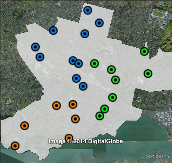 Polling places in Mount Roskill at the 2011 general election. East in green, North in blue, South in orange. Click to enlarge.