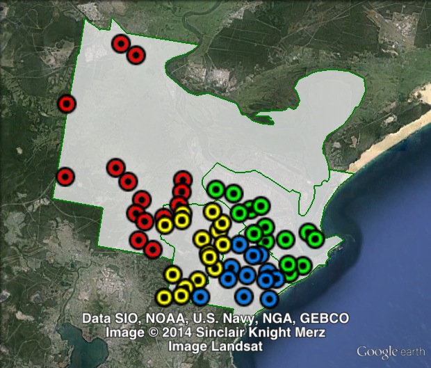 Polling places at the 2012 City of Newcastle local election. First Ward in green, Second Ward in blue, Third Ward in yellow, Fourth Ward in red.