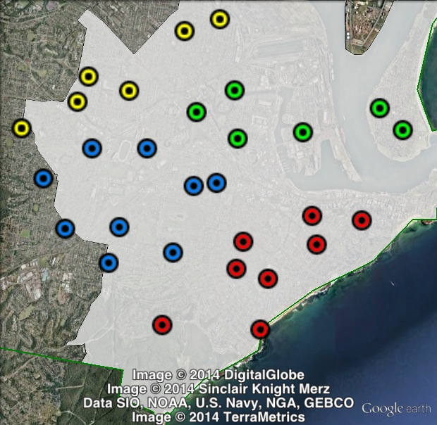 Polling places in Newcastle at the 2011 state election. North-east in green, North-west in yellow, South-east in red, South-west in blue. Click to enlarge.
