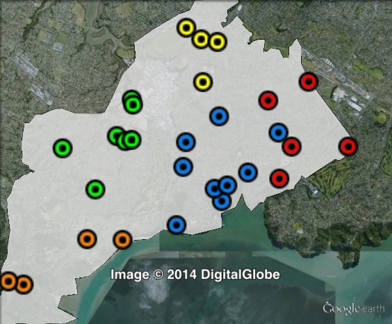 Polling places in New Lynn at the 2011 general election. Avondale in yellow, Blockhouse Bay in blue, Green Bay-Titirangi in orange, Mt Roskill in red, New Lynn in green. Click to enlarge.