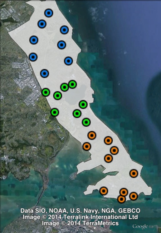 Polling places in North Shore at the 2011 general election. Central in green, North in blue, South in orange. Click to enlarge.