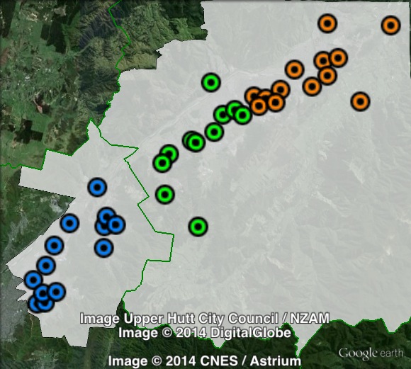 Polling places in Rimutaka at the 2011 general election. Central in green, East in orange, West in blue. Click to enlarge.