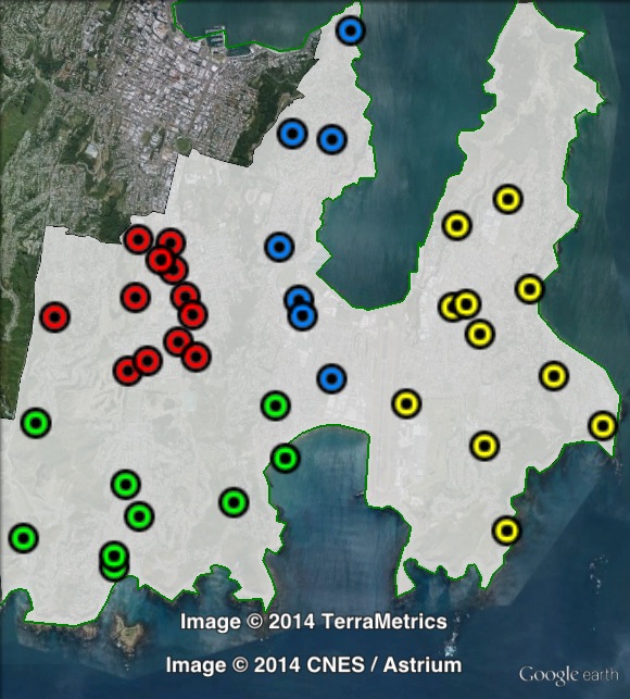 Polling places in Rongotai at the 2011 general election. Central in red, East in yellow, North in blue, South in green. Click to enlarge.