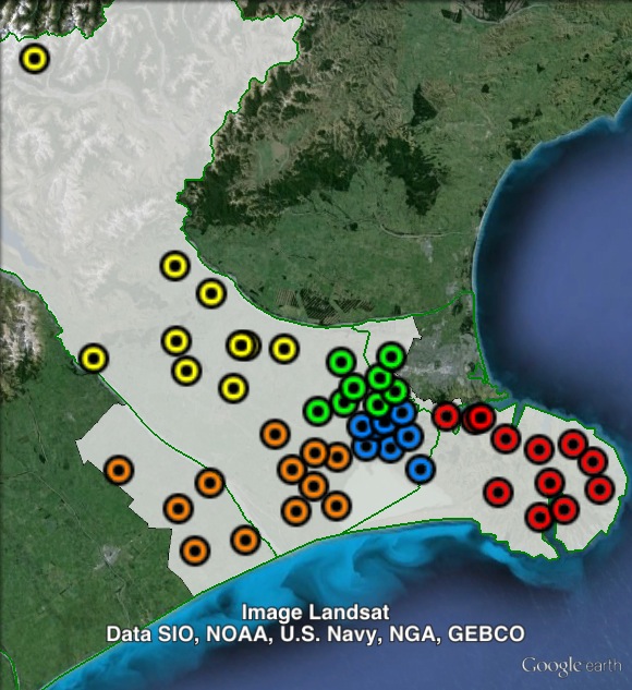 Polling places in Selwyn at the 2011 general election. North Central in green, North West in yellow, Peninsula in red, South Central in blue, South West in orange. Click to enlarge.