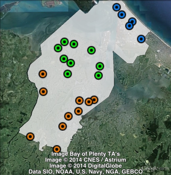 Polling places in Tauranga at the 2011 general election. Central in green, North in blue, South in orange. Click to enlarge.
