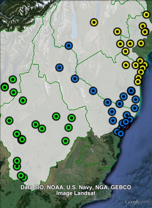 Polling places in Waitaki at the 2011 general election. Central in blue, North yellow, Oamaru in red, South in green. Click to enlarge.