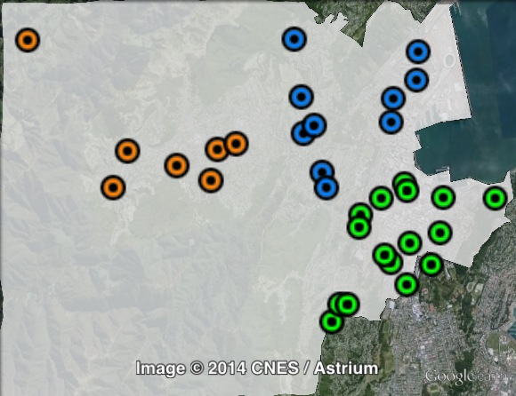 Polling places in Wellington Central at the 2011 general election. Central in green, North in blue, West in orange. Click to enlarge.