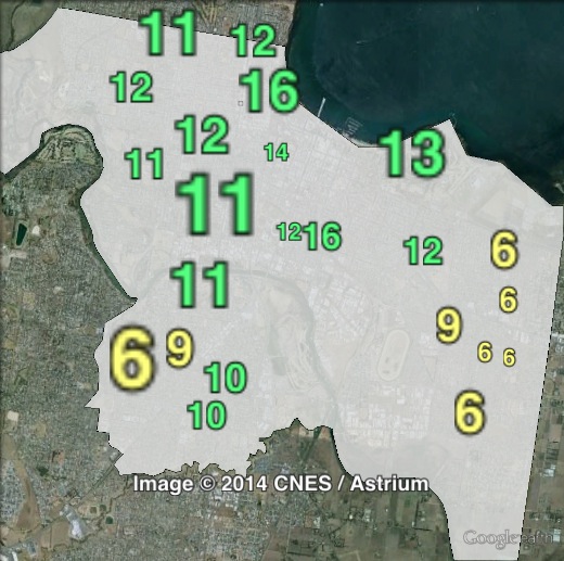 Greens primary votes in Geelong at the 2010 Victorian state election.