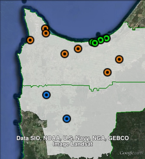 Polling places in Vasse at the 2013 state election. Busselton in green, North in orange, South in blue. Click to enlarge.