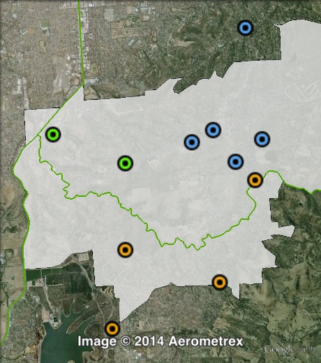 Polling places in Davenport at the 2014 South Australian state election. North-East in blue, North-West in green, South in orange. Click to enlarge.