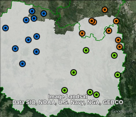 Polling places in Beaudesert at the 2012 Queensland state election. East in orange, South in green, West in blue. Click to enlarge.