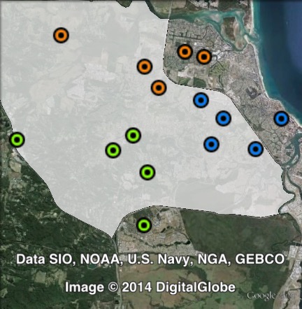 Polling places in Buderim at the 2012 Queensland state election. East in blue, North in orange, South in green. Click to enlarge.