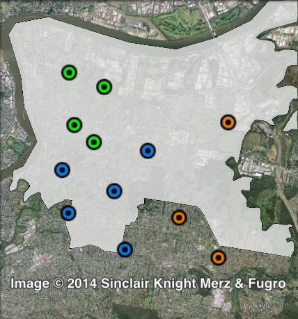Polling places in Bulimba at the 2012 Queensland state election. East in orange, Morningside in green, Norman Park in blue. Click to enlarge.