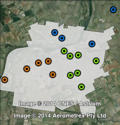Polling places in Bundaberg at the 2012 Queensland state election. Central in green, North in blue, West in orange. Click to enlarge.