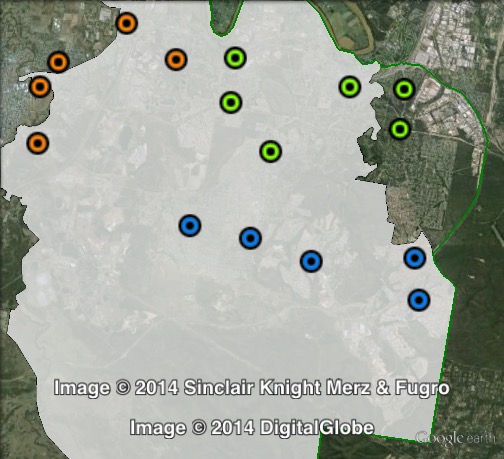 Polling places in Bundamba at the 2012 Queensland state election. East in green, South in blue, West in orange. Click to enlarge.