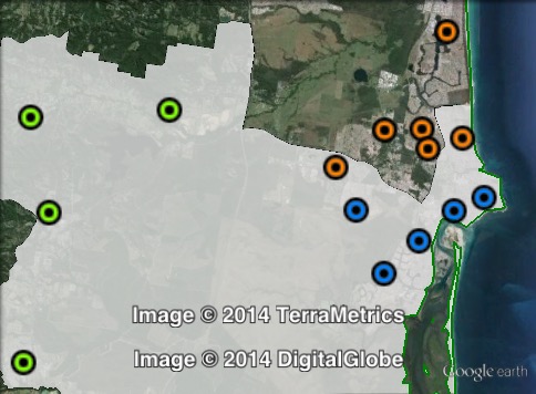 Polling places in Caloundra at the 2012 Queensland state election. Caloundra in blue, Currimundi in orange, West in green. Click to enlarge.