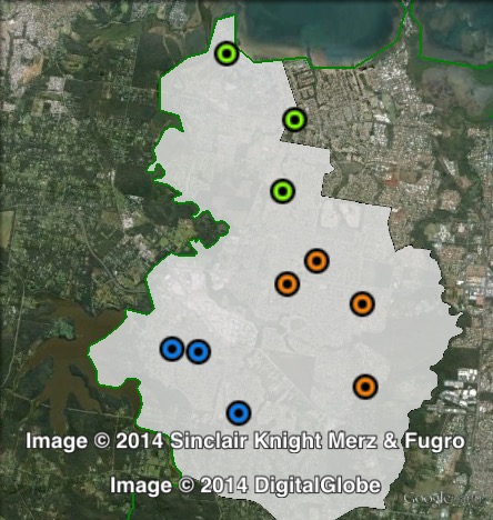 Polling places in Capalaba at the 2012 Queensland state election. North in green, South-East in orange, South-West in blue. Click to enlarge.