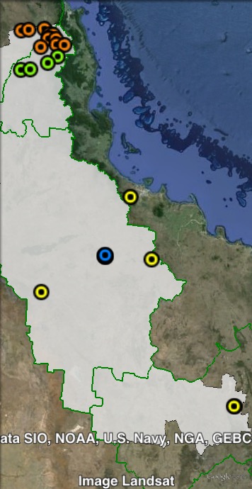 Polling places in Dalrymple at the 2012 Queensland state election. Atherton in orange, Charters Towers in blue, South in yellow, Tablelands in green. Click to enlarge.