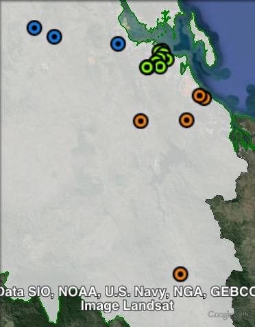 Polling places in Gladstone at the 2012 Queensland state election. Gladstone in green, South in orange, West in blue. Click to enlarge.