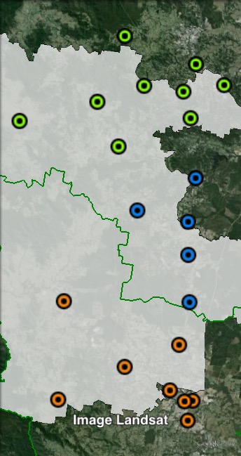 Polling places in Glass House at the 2012 Queensland state election. Central in blue, North in green, South in orange. Click to enlarge.