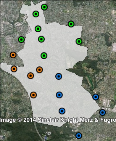 Polling places in Greenslopes at the 2012 Queensland state election. Central in orange, North in green, South in blue. Click to enlarge.